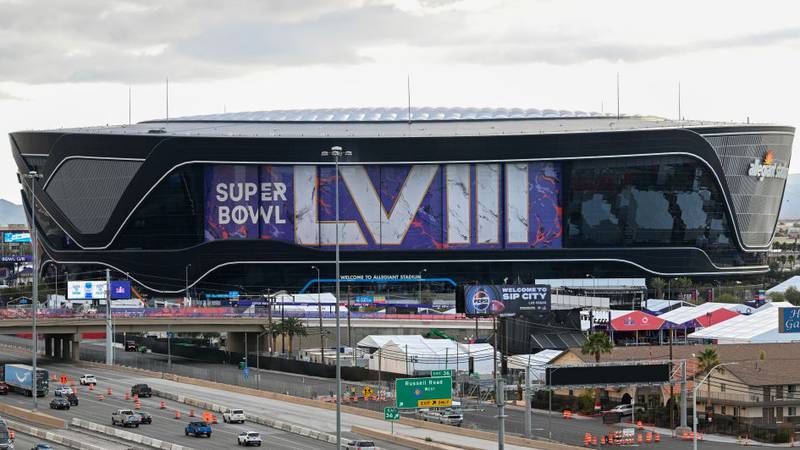 LAS VEGAS, NEVADA - FEBRUARY 08: A video board displays logos for Super Bowl LVIII at Allegiant Stadium ahead of Super Bowl LVIII on February 08, 2024 in Las Vegas, Nevada. (Photo by Candice Ward/Getty Images)