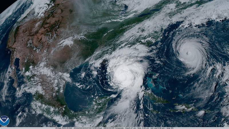 NOAA's GOES-16 satellite captured Hurricane Idalia approaching the western coast of Florida while Hurricane Franklin churned in the Atlantic Ocean at 5:01 p.m. EDT on August 29, 2023.